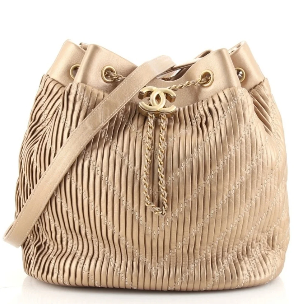 Chanel Coco Pleats Drawstring Chain Lambskin Leather Bucket Bag Purse - Picture 1 of 16